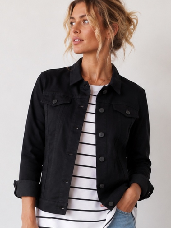 Belle by Kim Gravel Jackets & Blazers - BELLE BY KIM GRAVEL Black Twill Denim Trucker Jacket Knit Back & Sleeves M EUC